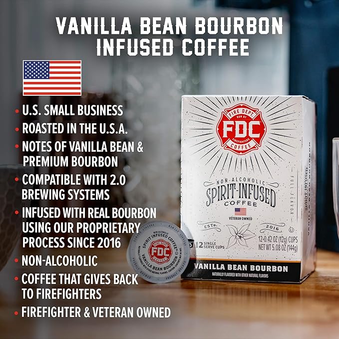 Fire Department Coffee - Vanilla Bourbon Coffee K Cups - Gives Back to Firefighters - Premium Bourbon Infused Pods - Non-Alcoholic - Roasted in the USA - Veteran Owned - 24 Single Pods