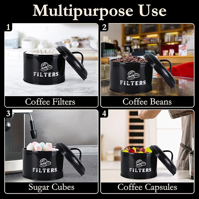 Coffee Filter Holder – Coffee Filter Holder for Counter with Braided Cotton Drink Coasters – Vintage Coffee Filter Container with Lid – Accessories for Coffee Bar, Home(Black)