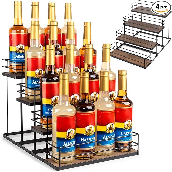 16 Bottle Capacity Coffee Syrup Organizer 4 Tier Coffee Syrup Stand Shelf for Coffee Bar Kitchen Small Wine Rack for Bar Family Storage for Syrup Wine Dressing