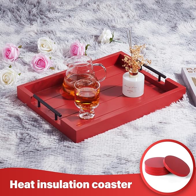 Ottoman Serving Tray | Decorative Coffee Table Tray with Handles – 17x13 Inch Wooden Tray with 4 Coasters for Breakfast, Kitchen & Bar