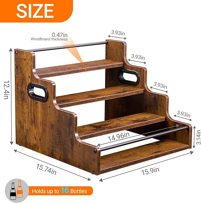 4-Tier Liquor Bottle Display Shelf, Coffee Syrup Rack Organizer, Water Bottle Organizer, Mini Bar Cabinet, Rustic Bar Shelves for Liquor Whiskey, Spirits