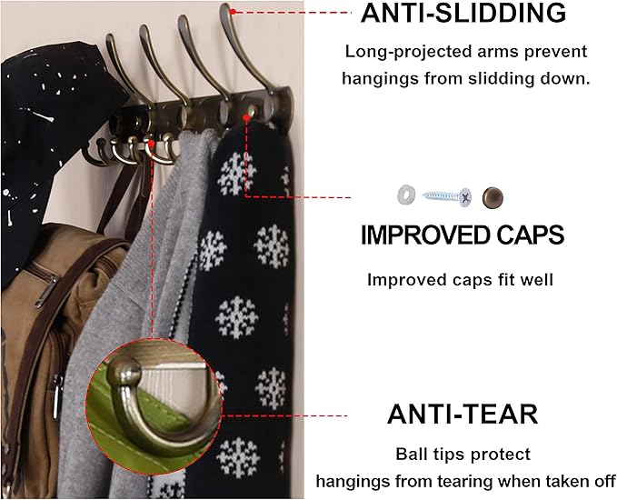 Dseap Wall Mounted Coat Rack - 5 Tri Hooks, Heavy Duty, Stainless Steel, Metal Coat Hook Rail for Coat Hat Towel Purse Robes Mudroom Bathroom Entryway (Bronze, 2 Packs)