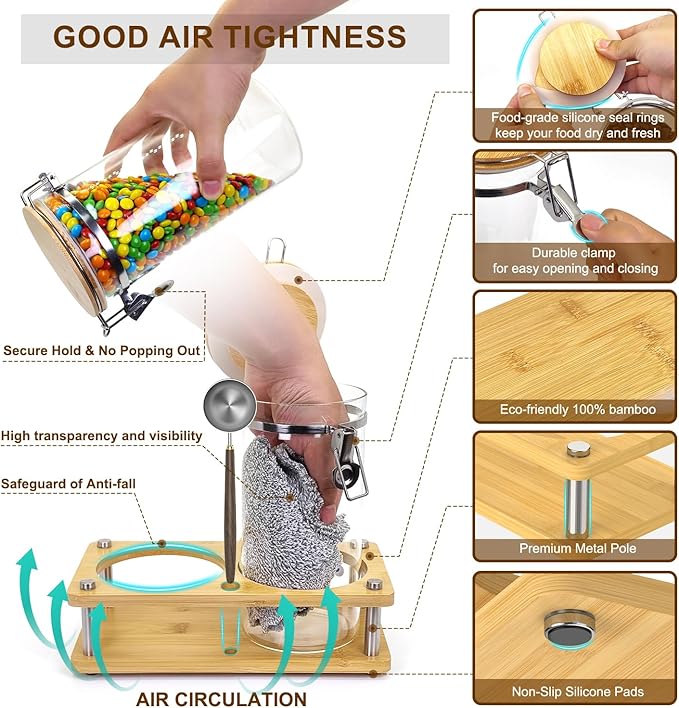 Glass Coffee Grounds Container with Wooden Shelf, 2 × 45 FLOZ Glass Coffee Canister with Sealed Locking Clamp, Kitchen Large Capacity Food Storage Jar with Metal Spoon