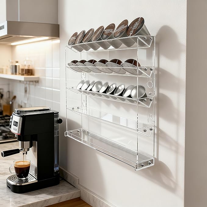 5 Tier Coffee Pod Holder for Nespresso Vertuo, Wall Mount K Cup Holder for Small Space, Clear Acrylic Coffee Pod Organizer Compatible with Most Standard Pods (30-50 Pod Storage)