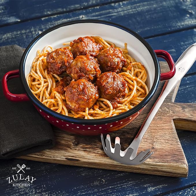 Zulay Kitchen Stainless Steel Spaghetti Server - 12” Pasta Fork with Teeth & Draining Holes - Rust-Resistant Pasta Spoon for Noodles & Pasta - Dishwasher Safe Utensil for Everyday Use