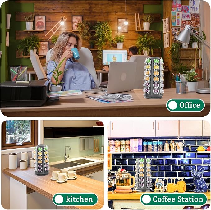 CSH K Cup Holder, 36 K Cup Storage, Coffee Pod Organizer Carousel, Spins 360 Degree Quietly, Kcup Holder for Counter, Kitchen, Office, Matte Gray