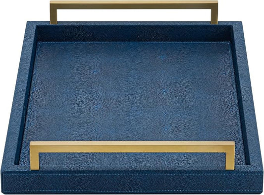 Navy Blue Decorative Serving Tray, Shagreen Leather Coffee Table Tray, Rectangle for Home Decor