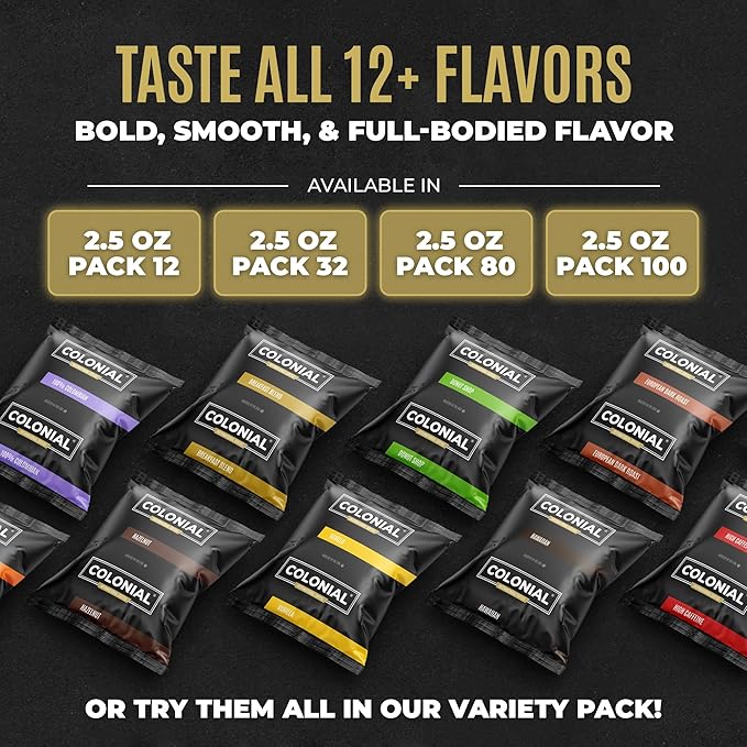 Colonial Coffee 32 Count Single Pot Coffee Packets – 100% Arabica Dark Roast | Pre-Measured Frac Packs for 12 Cup Maker | Bulk Ground Gourmet Coffee for Home & Office
