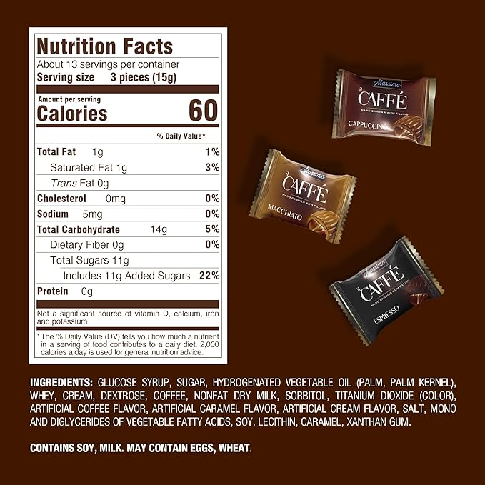 Maestro Massimo Coffee Candy with Center Filling, 3mg Caffeine per Candy, Individually Wrapped, Macchiato, Espresso, Cappuccino Flavored, 7.05 oz Bag - Pack of 1
