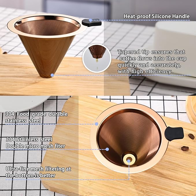 Small Size Pour Over Coffee Filter Dripper, Stainless Steel Metal Cone Drip Coffee Filter, Paperless and Permanently Reusable, Double Mesh Coffee,Tea Filter for 1-2 Cups