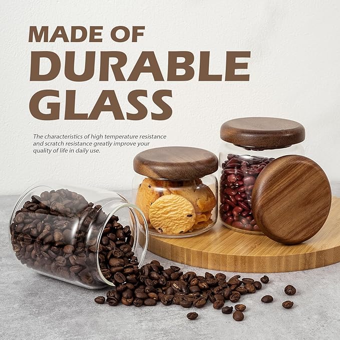 1 PC Small Glass Storage Jars with Airtight Lids, 10 fl oz (300ml) coffee container with Wooden Lid, Glass Pantry Canister for Beans, Rice, Sugar and etc