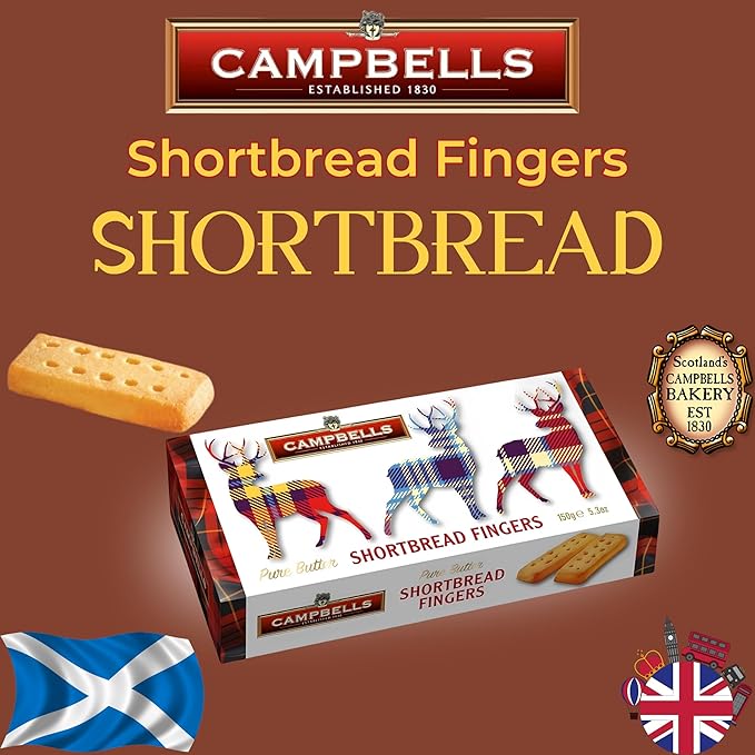 Campbells Shortbread Fingers Tartan Stag Carton 5.3 Oz (Pack of 3) - Pure Butter Scottish Shortbread Cookies from Scotland, British Tea Biscuits & Snacks, All-Butter Fingers, Cookie Gift Box