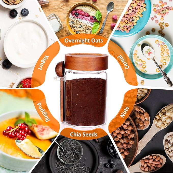 OLADRI 18 oz/550 ml Glass Storage Canister with Airtight Wooden Lid, Clear Small Decorative Container Jar with Spoon for Salad Overnight Oats Snacks Yogurt Cereal Fruit Spice Sugar Coffee Candy Salt