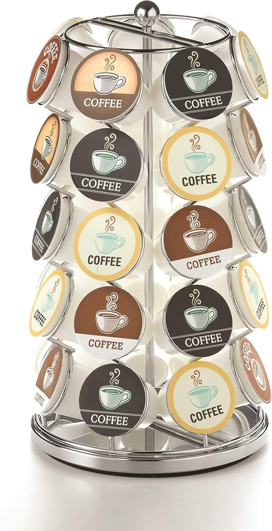 Nifty K Cup Holder – Compatible with K-Cups, Coffee Pod Carousel | 35 K Cup Holder, Spins 360-Degrees, Lazy Susan Platform, Modern Chrome Design, Home or Office Kitchen Counter Organizer