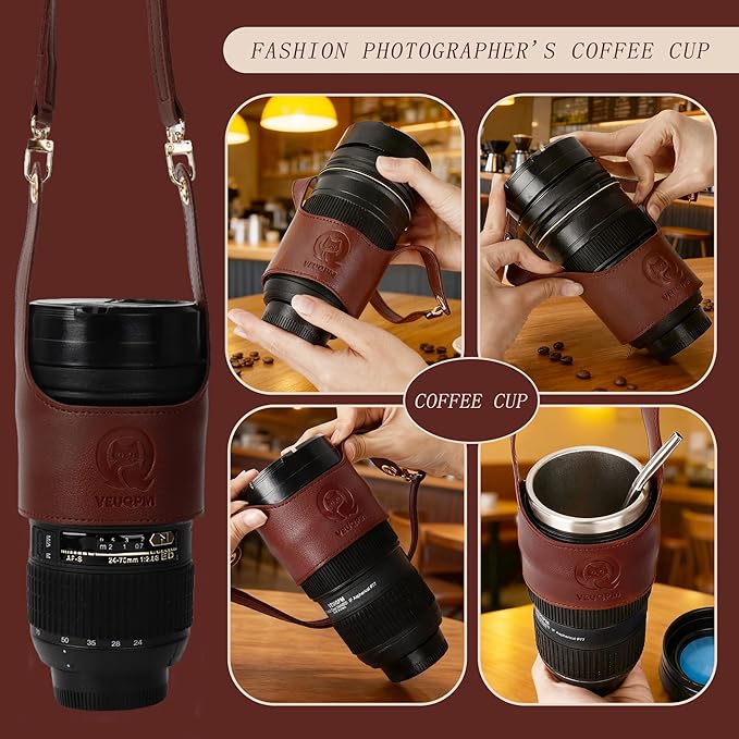 Camera Lens Coffee Mug (420ml/14oz) - Stainless Steel Travel Mug Set with 2 Leak-Proof Lids, Steel Straw, Cleaning Brush & Carrier Strap - Novelty Gift for Photographers & Travelers