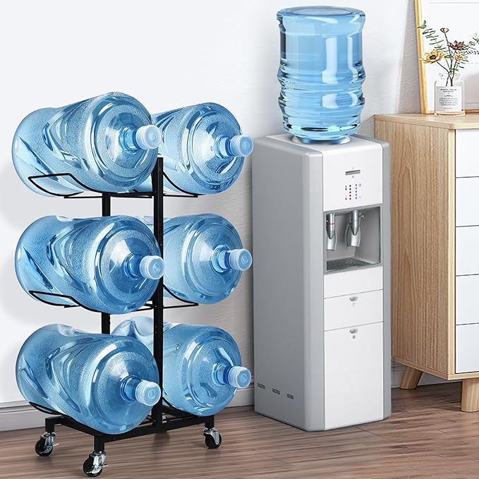 5 Gallon Water Jug Holder with 4 Wheels, Movable Heavy Duty Foldable Water Jug Stand 3-Tier 5 Gallon Water Bottle Holder Water Cooler Jug Storage Rack for 6 Bottles(Black)