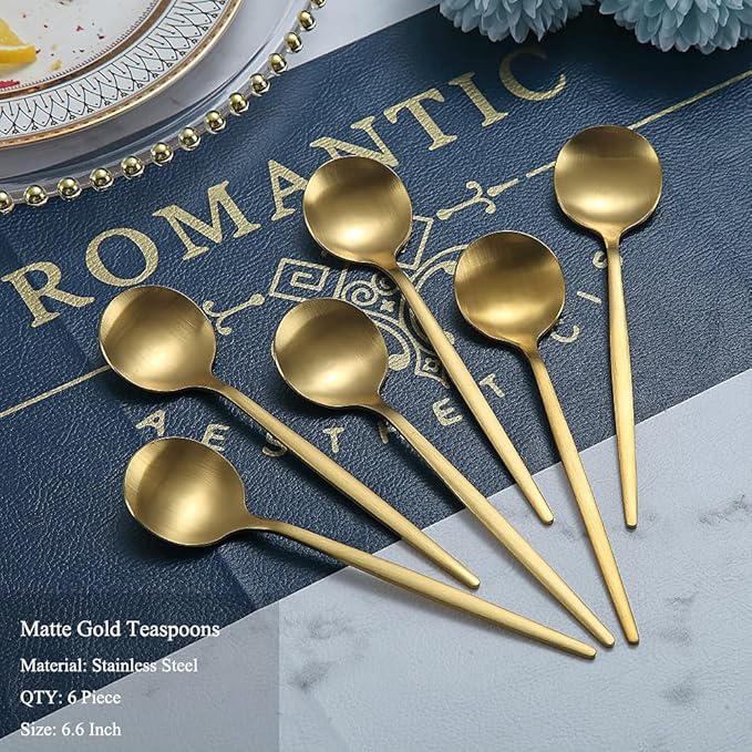 Matt Gold 6 Piece Teaspoons, 6.6'' Silverware, Stainless Steel Tea Spoons for Home or Restaurant, Dishwasher Safe