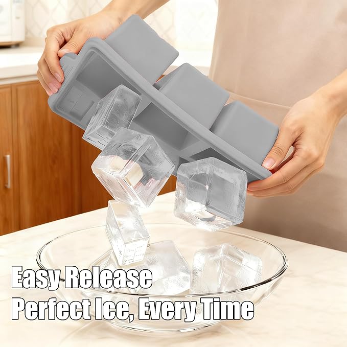 Silicone Ice Cube Tray with Lid 8-Cavity Reinforced Steel Frame Ice Cube Trays Easy Release BPA-Free Makes 3 Large Square & 5 Small Rectangular Ice Trays for Cocktails Whiskey Coffee,Pink