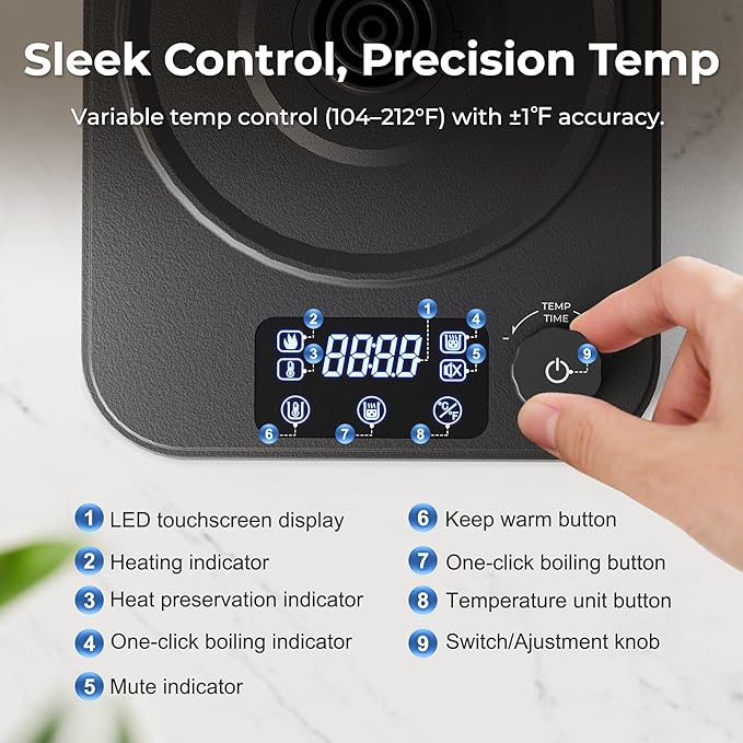 Gooseneck Electric Kettle, ±1°F Precision Control, Smart Altitude Adjustment, 24H Keep Warm, 30-Min Auto Memory, Food Grade Stainless Steel, Pour Over Kettle for Coffee and Tea, 1200W/1.0L