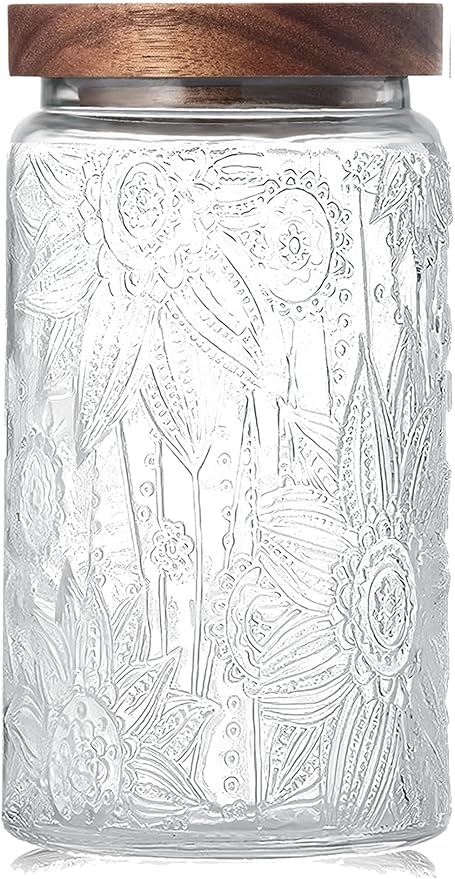 Vintage Glass Jar with Wood Lid - Airtight Canisters for Kitchen Countertop and Bathroom, for Storage Candy, Cookie, Coffee, Apothecary, Sugar, Flour, Tea, Pet Treat, 34 OZ Sunflower