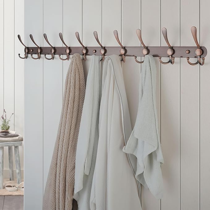 Dseap Coat Rack Wall Mount - 38” Long 10-Tri-Hooks Heavy Duty Coat Hanger Rail Wall Hooks for Hanging Coats Hats Clothing Clothes Purse Mudroom Entryway, Antique Copper, Pack of 2