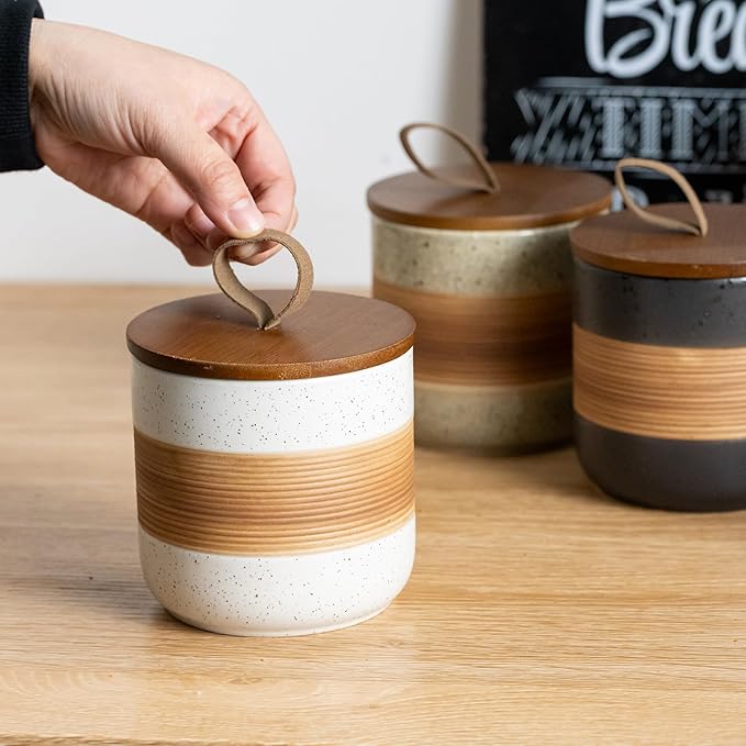 Ceramic Jar with Lid, Coffee Container Kitchen Food Storage Jars for Spice Sugar Tea Bag, Stackable Decorative Jars for Countertop, White & 18 fl.oz