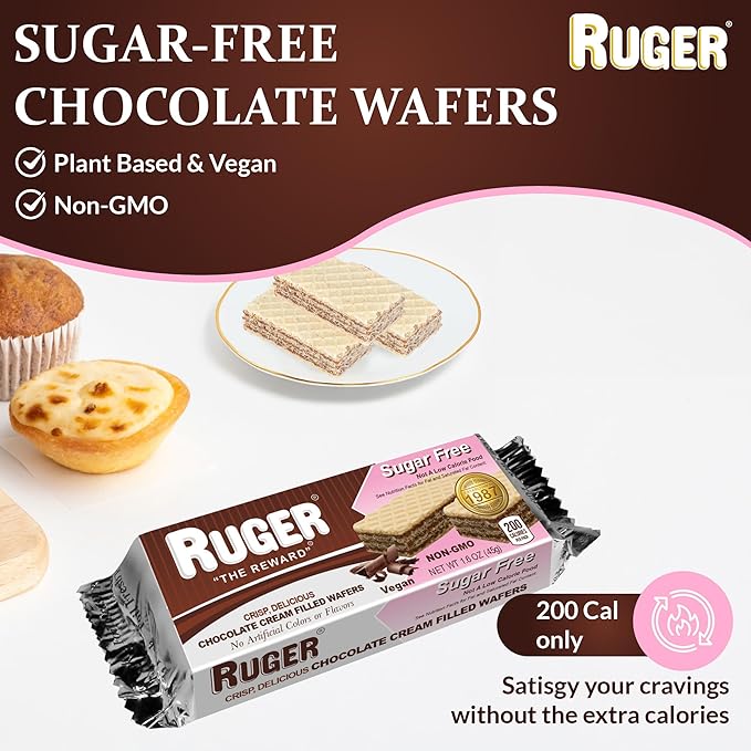 RUGER Sugar-Free Chocolate Wafers 1.6 Ounce (Pack of 12) - Deliciously Crisp and Guilt-Free Chocolate Treats with Natural Ingredients, Non-GMO, Vegan, No Artificial Colors or Flavors - Perfect for Weddings, Anniversaries, Birthdays, and Everyday Snacking