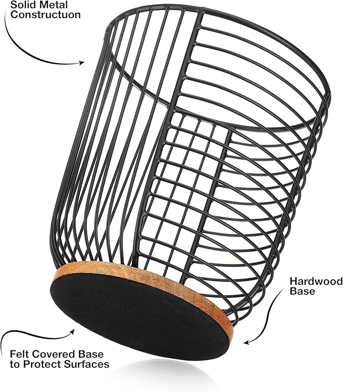 Coffee Pod Holder -Black Wire K Cup Storage with Wooden Base - Large Capacity Slim Design - Modern Coffee Basket Decor for Kitchen Countertop for Keurig Kcups & Espresso Capsules