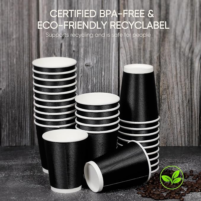 100 Pack 12 oz Disposable Coffee Cups with Lids and Straws, Insulated Ripple Wall To Go Paper Corrugated Cups, Bulk for Hot/Cold Drinks, Cafe Bar, Office, Chocolate, Cocoa (Black)