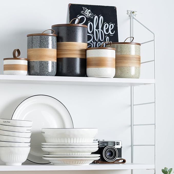 Ceramic Jar with Lid, Coffee Container Kitchen Food Storage Jars for Spice Sugar Tea Bag, Stackable Decorative Jars for Countertop, Black & 18 fl.oz