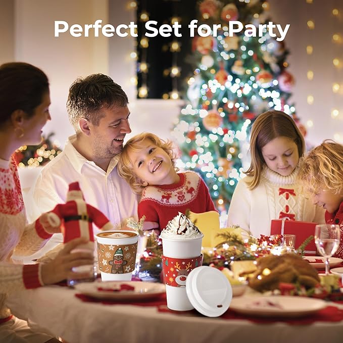 Fit Meal Prep 50 Pack 24 oz Christmas Disposable Coffee Cups with Lids, Sleeves, Leak-Proof To Go Coffee Cups with Lids, Durable Holiday Hot Paper Cups for Home, Office, Party, Business
