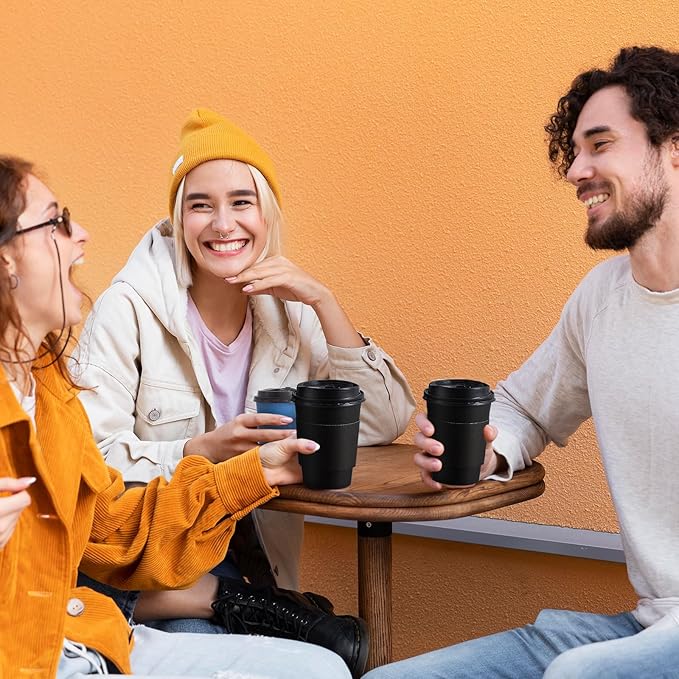 SIUQ 100 Pack 12 oz Coffee Cups with Lids, Disposable Paper Coffee Cups with Sleeves for Hot/Cold Drinks Parties, Picnic, Travel, and Events (Navy and Black)