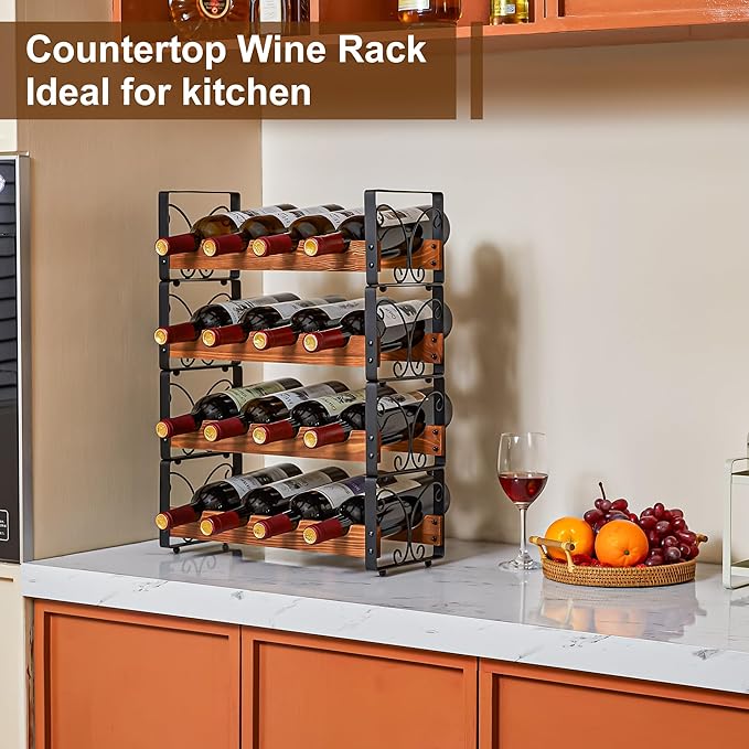 X-cosrack Wine Rack Freestanding Floor with Patent Design, Wooden & Metal Wine Bottle Holder, 4 Tier 16 Bottles Stackable Wine Storage Racks for Kitchen Counter or Bar, Wine Display Shelf
