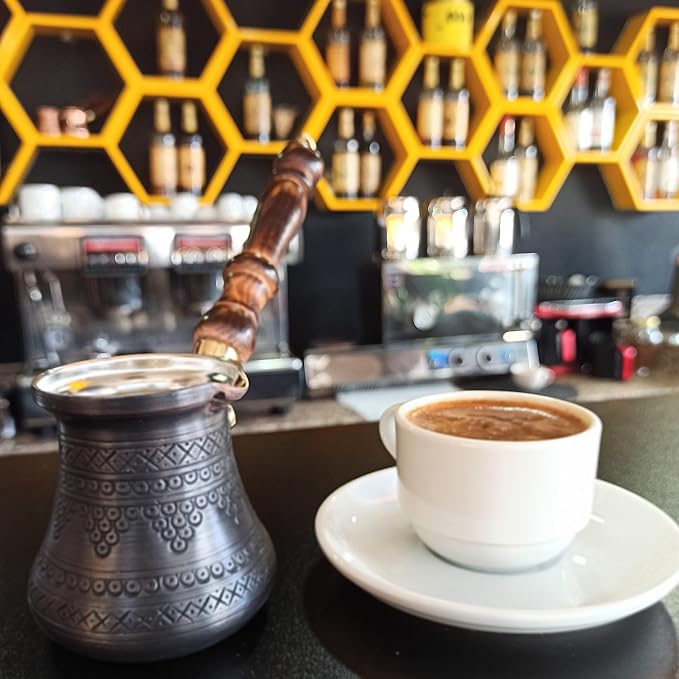 PCZ Series (Small-6 fl.oz) Thickest Solid Copper Engraved/Stamped Turkish Greek Arabic Coffee Pot with Wooden Handle, Stovetop Coffee Maker Cezve Jezve Jazva Jazzve Ibrik Briki (Antique)