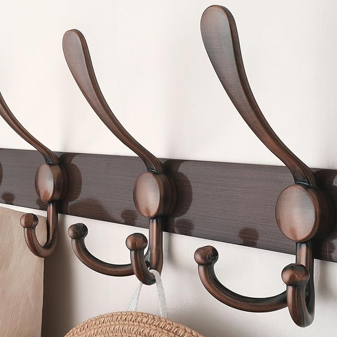 Dseap Coat Rack Wall Mount - 38” Long 10-Tri-Hooks Heavy Duty Coat Hanger Rail Wall Hooks for Hanging Coats Hats Clothing Clothes Purse Mudroom Entryway, Antique Copper, Pack of 2