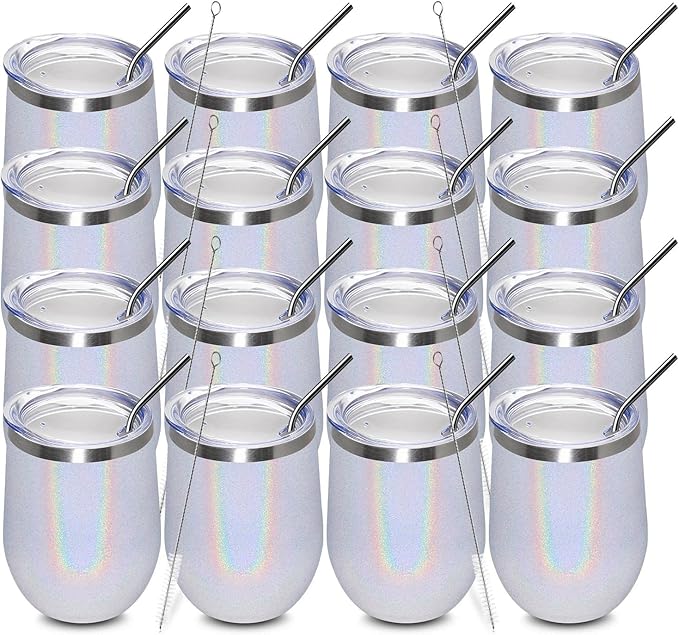 MEWAY 12oz/16 Pack Wine Tumbler Glasses with Lid - Stemless Double Wall Vacuum Stainless Steel Glitter Tumbler - Keeping Cold & Hot Cup for Coffee,Gift for Women(Rainbow White,Set of 16)