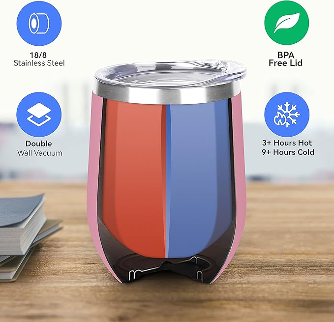 DOMICARE Stainless Steel Wine Tumbler Bulk with Lid, Personalized Insulated Tumblers Set, 12oz Travel Coffee Cups Pack of 8, Pink