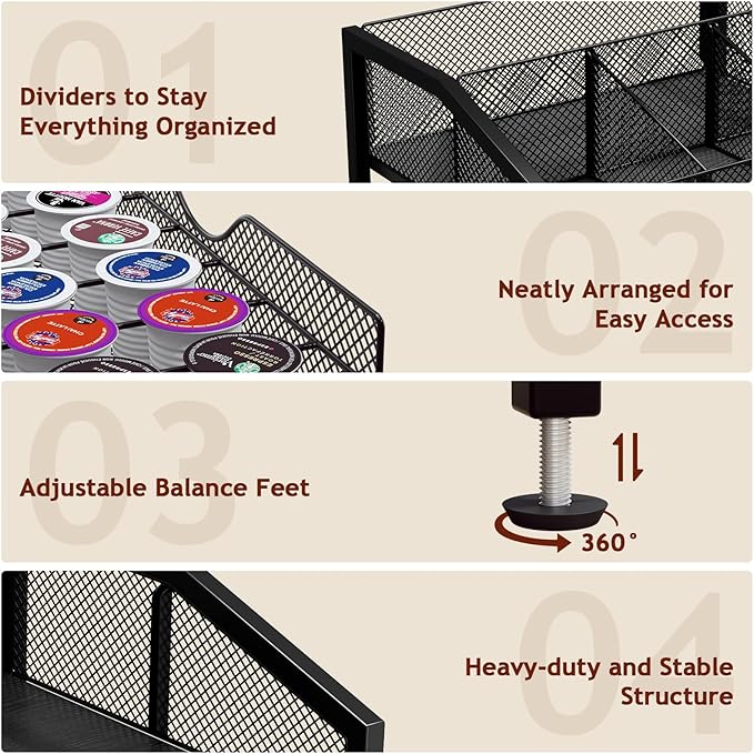 Coffee Bar Organizer - Coffee Station for Countertop, Metal and Wood K Cup holder Storage Basket with Drawer for Syrup, Cups, Stirrer, Condiment, Tea Organizer, Black