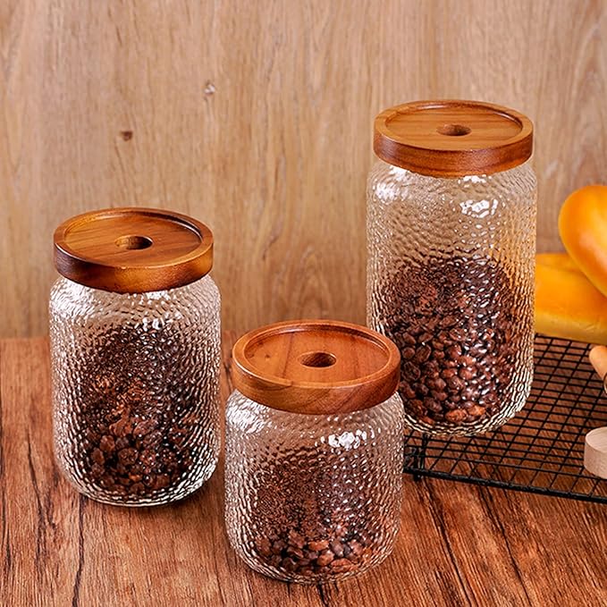 WHJY Glass Storage Container with Lid, Airtight Glass Jars, Farmhouse Tea Canister, Dog Treat Jar for Pet, Irregularity Texture Glass Candy Cookies Coffee Canister Jar Bath salt Container - 24oz