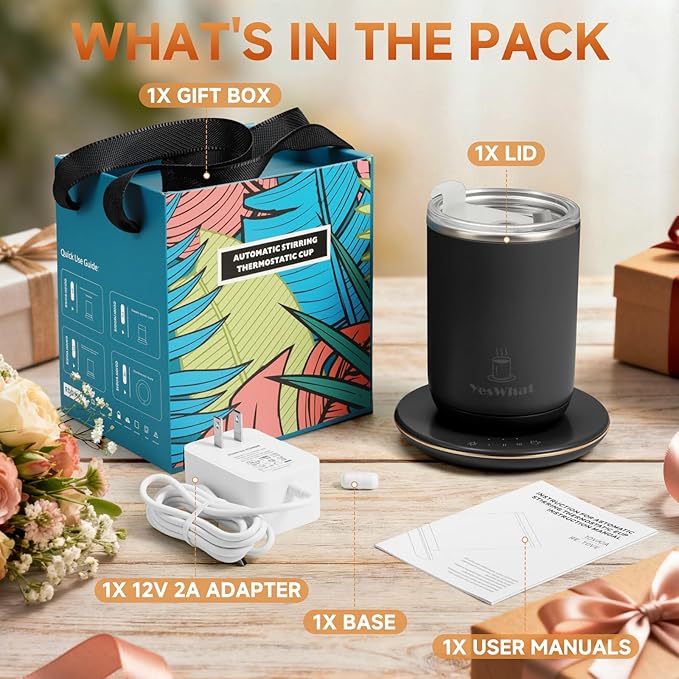 Self Stirring Coffee Mug with Temperature Control,Type-C Heated Magnetic Mixing Cup,3 Heat Levels,8-Hour Auto Shut-Off,USB Rechargeable Stainless Steel Smart Mug for Milk Protein Shakes Black 11oz