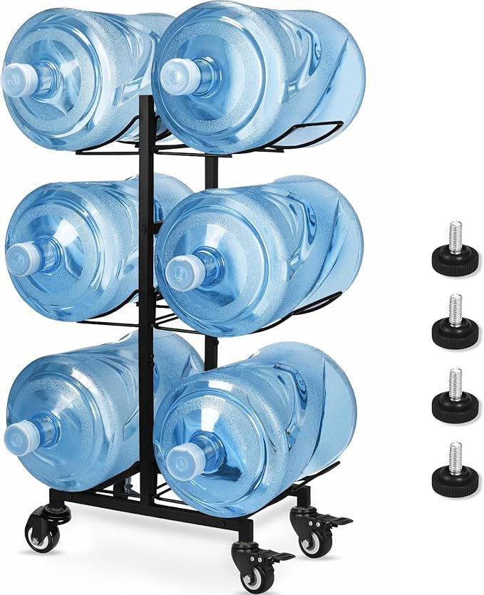 5 Gallon Water Jug Holder with 4 Wheels, Movable Heavy Duty Foldable Water Jug Stand 3-Tier 5 Gallon Water Bottle Holder Water Cooler Jug Storage Rack for 6 Bottles(Black)