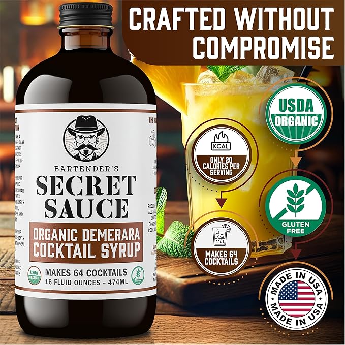Bartender’s Secret Sauce USDA Organic Demerara Syrup – 16oz Bottle – Handcrafted, Gluten-Free Cocktail Syrup – Makes 64 Drinks – Great for Old Fashioneds, Tiki & Coffee Drinks