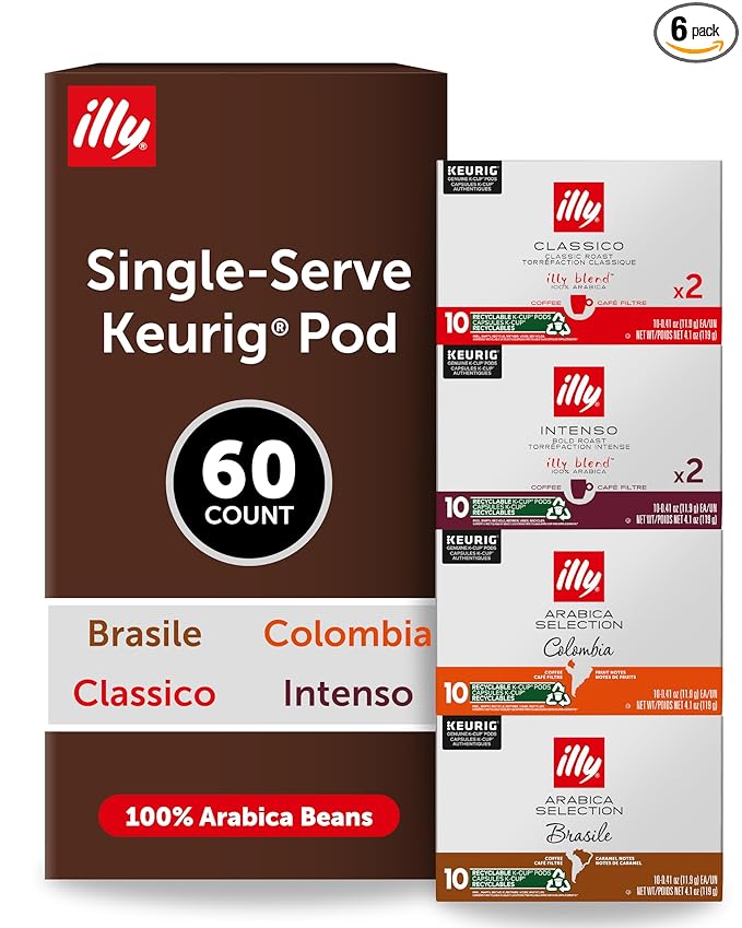 Illy Coffee K-Cups - Compatible Pods for Keurig Coffee Maker - Classico, Intenso, Brasile & Colombia Roasts - Variety - 10 Count (Pack of 6)