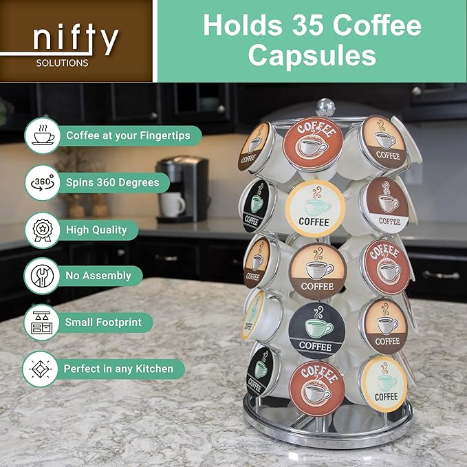 Nifty K Cup Holder – Compatible with K-Cups, Coffee Pod Carousel | 35 K Cup Holder, Spins 360-Degrees, Lazy Susan Platform, Modern Chrome Design, Home or Office Kitchen Counter Organizer