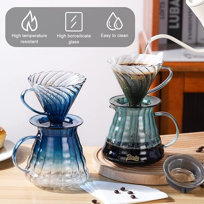 Bincoo Pour Over Coffee Maker Set with Dripper Size 02,600ml Glass Coffee Server Set,60 Angle Tapered Glass Coffee Dripper with Stand&Filter Paper for Home Office Gift (Blue)