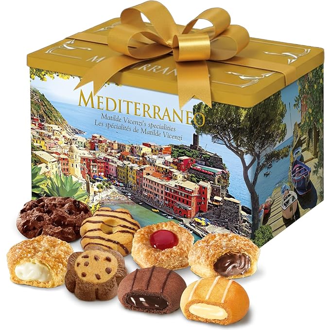 Matilde Vicenzi Mediterraneo Cookie Gift Tin - Italian Pastries & Cookies in Individually Wrapped Trays - Gourmet Gifts For Thanksgiving, Christmas - Assorted Cookies in Italian Design Tin 32.5oz (920g)