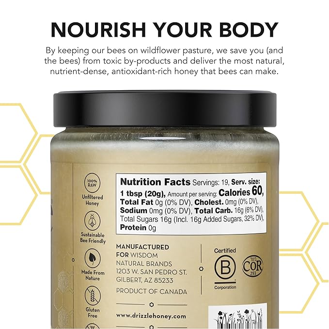 Drizzle White Raw Honey - All Natural Pure Raw Honey, Unfiltered & Unheated, Use in Tea & Coffee, Sugar Substitute, Certified Kosher - 13.2 oz Jar (375 g)