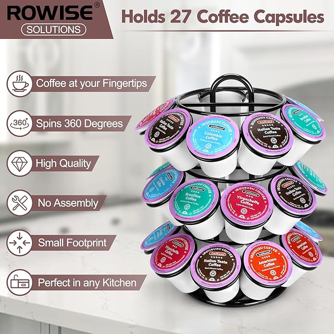 Coffee Pod Holder, K Cup Holders, 3 Tier Coffee Pod Carousel Compatible with K Cups (27 Pods), Spins 360-Degrees, Modern Black Design