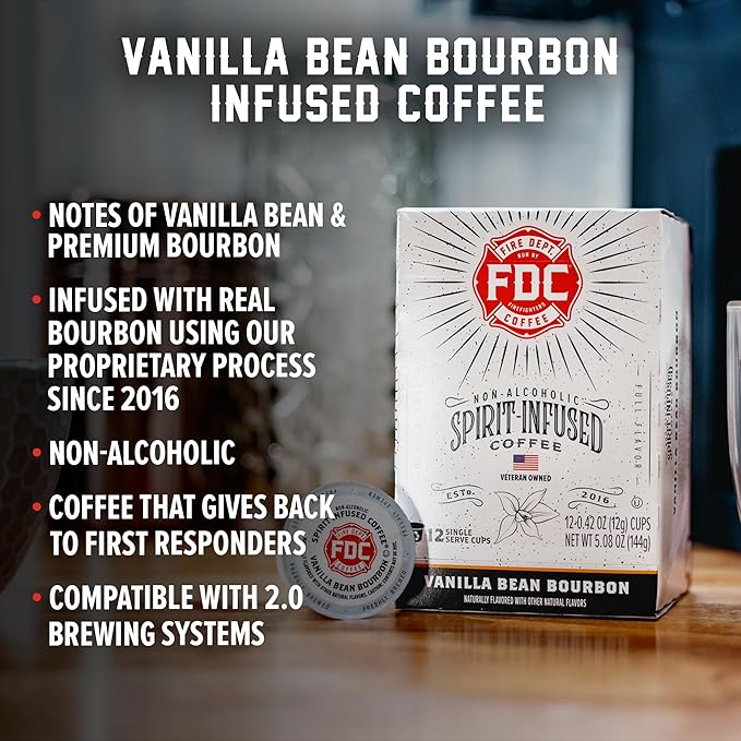 Fire Department Coffee - Vanilla Bourbon Coffee K Cups - Gives Back to Firefighters - Premium Vanilla Bean Bourbon Infused Pods - Non-Alcoholic - Roasted in the USA - Veteran Owned - 12 Single Pods