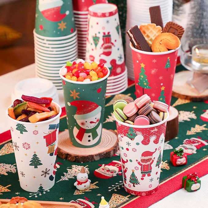SIUQ 100 Pack 16 oz Christmas Disposable Coffee Cups with Lids, Thickened Christmas Paper Cups for Hot/Cold Beverage, Tea, Coffee, Hot Chocolate, Xmas Party Cups Ideal for Home, Cafes, Store, Holiday